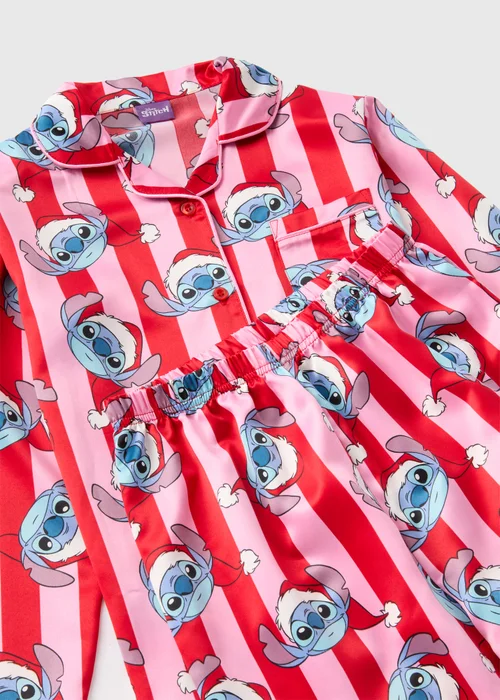 Disney Girls Pink Christmas Stitch Satin Pyjama Set (4-13yrs) - Age 4 Years Image 2