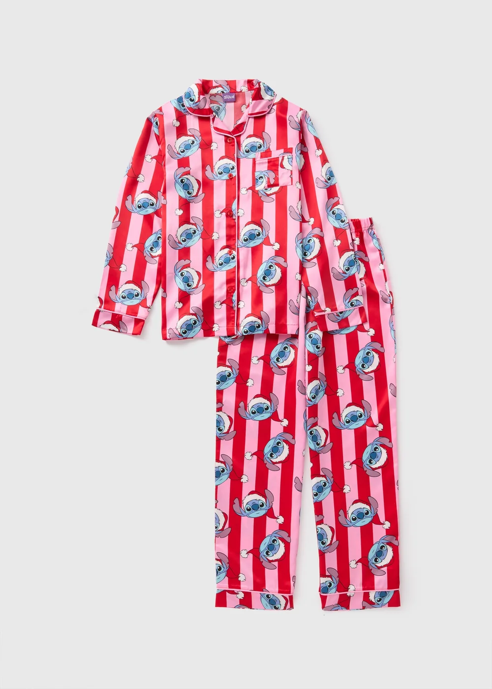 Disney Girls Pink Christmas Stitch Satin Pyjama Set (4-13yrs) - Age 4 Years Image 1