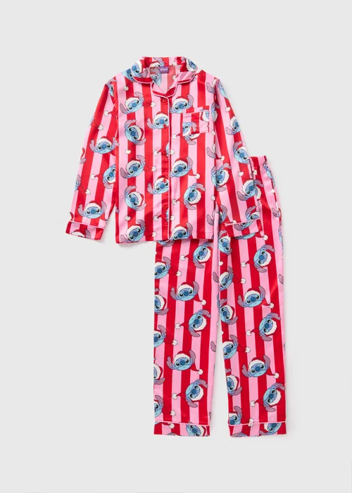Disney Girls Pink Christmas Stitch Satin Pyjama Set (4-13yrs) - Age 4 Years Image 1