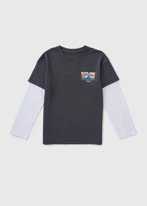Boys Grey Mountain Print Mock Sleeve T-Shirt (7-15yrs) - Age 7 Years Image 1