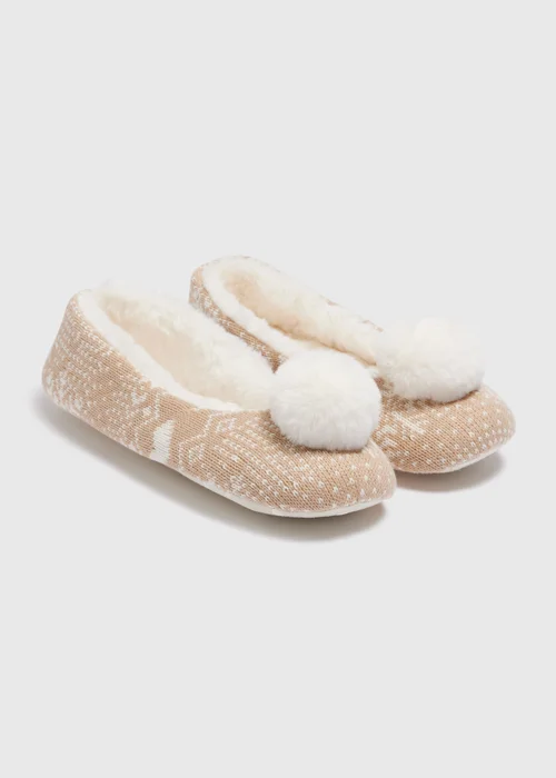 Beige Fairisle Pom Ballet Slippers - Size 3 Image 1