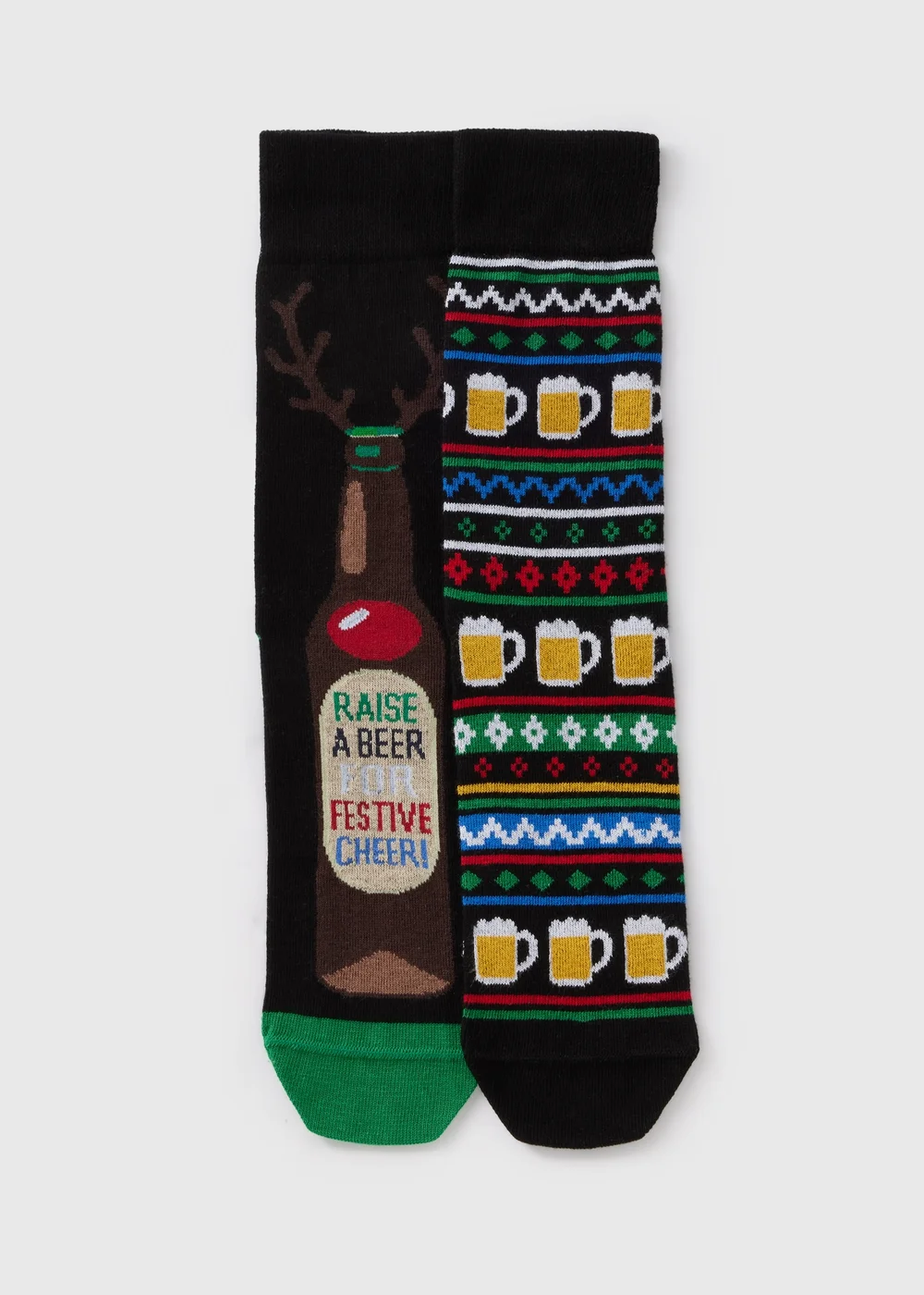 2 Pack Multicolour Christmas Beer Socks - Sizes 6 - 8.5 Image 1