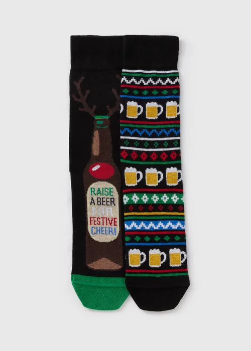 2 Pack Multicolour Christmas Beer Socks - Sizes 6 - 8.5 Image 1