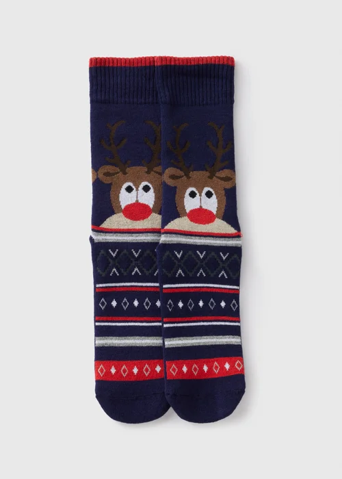 Navy Reindeer Slipper Socks - Sizes 6 - 8.5 Image 1
