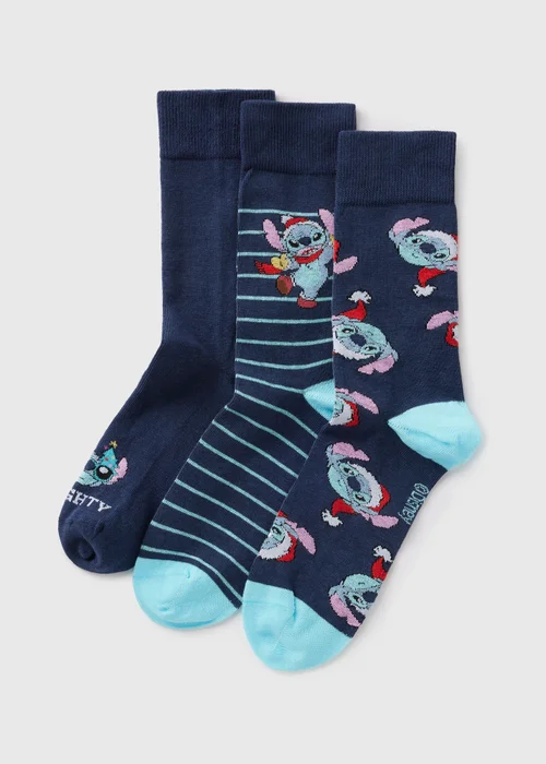 Disney 3 Pack Stitch Blue Christmas Socks - Sizes 6 - 8.5 Image 1