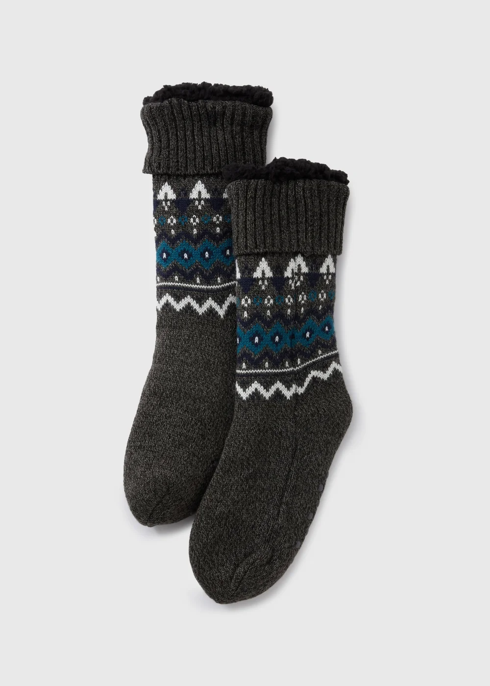 Grey Fairisle Borg Lined Thermal Socks - 6-8.5 Image 1
