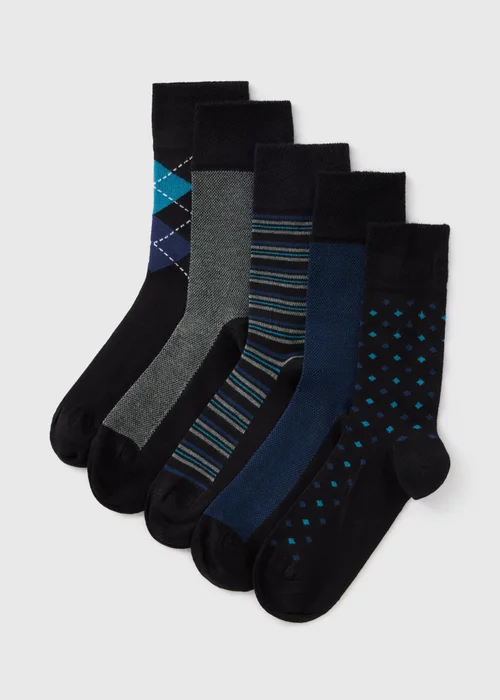 5 Pack Flexi Top Blue Patterned Socks - 6-8.5 Image 1