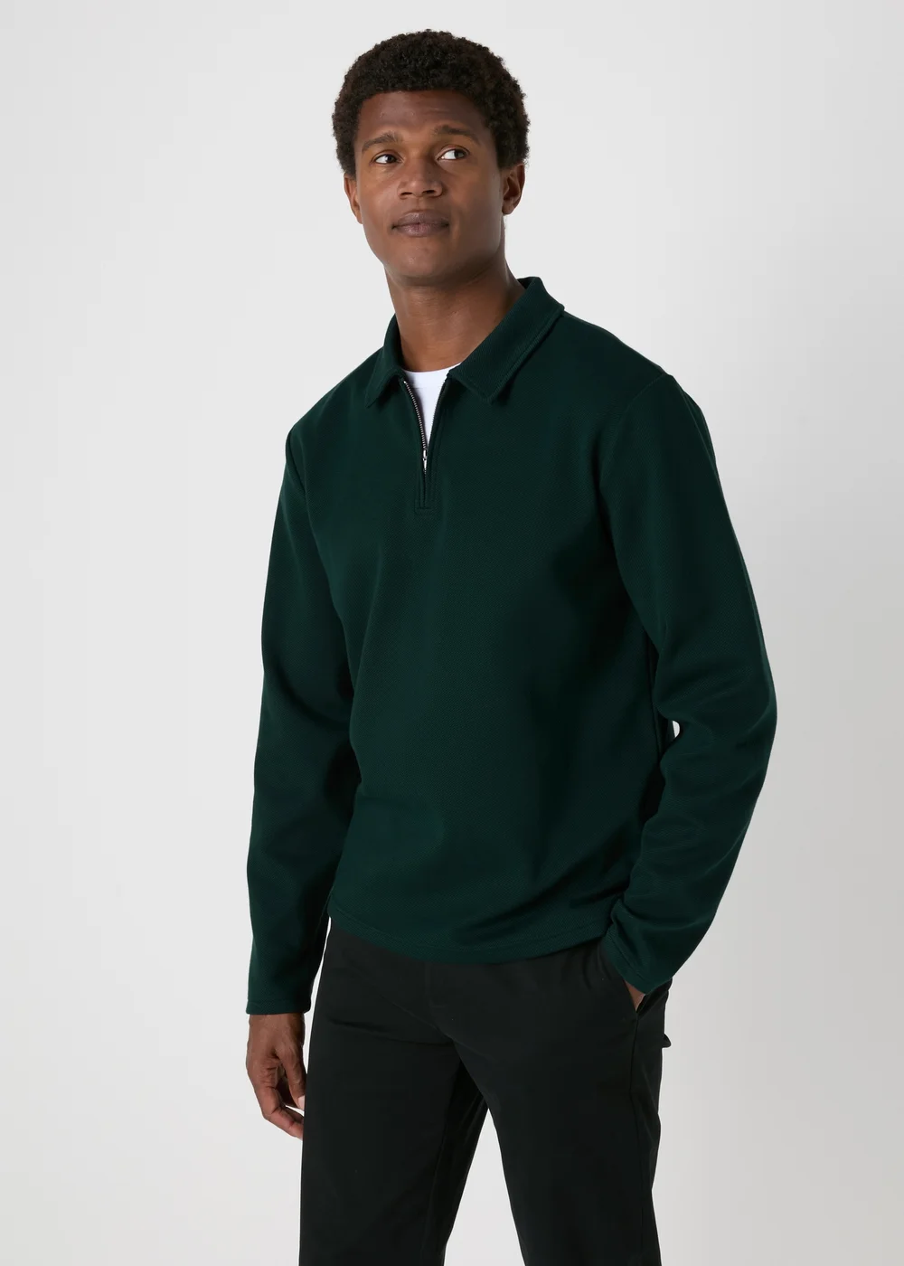 Green Textured Zip Collar Polo Shirt - Small Image 1