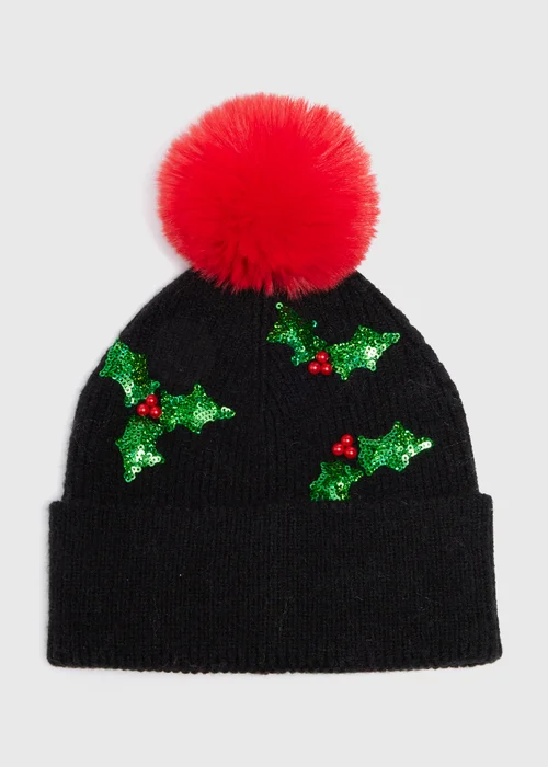 Black Christmas Holly Beanie - One Size Image 1