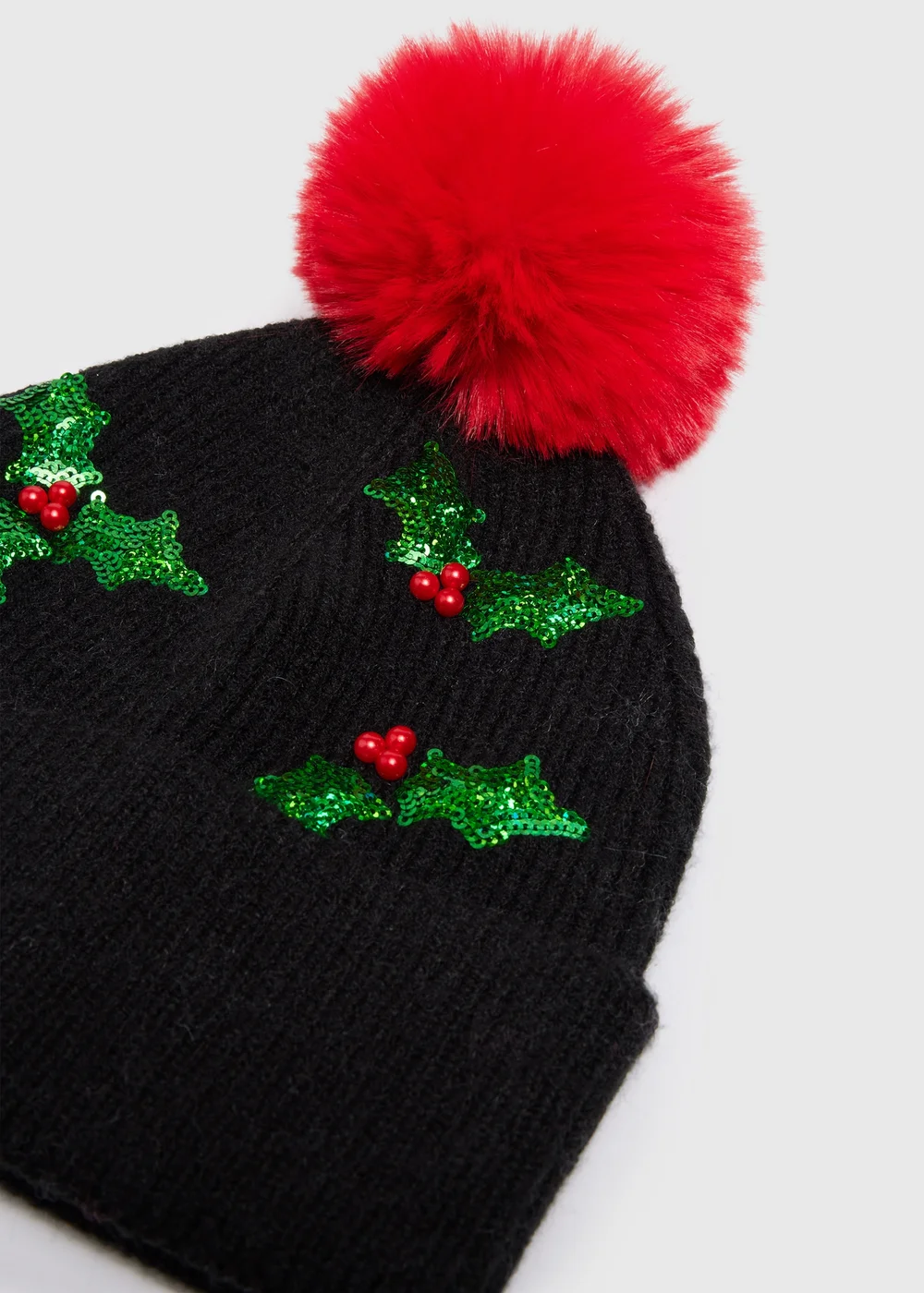 Black Christmas Holly Beanie - One Size Image 2