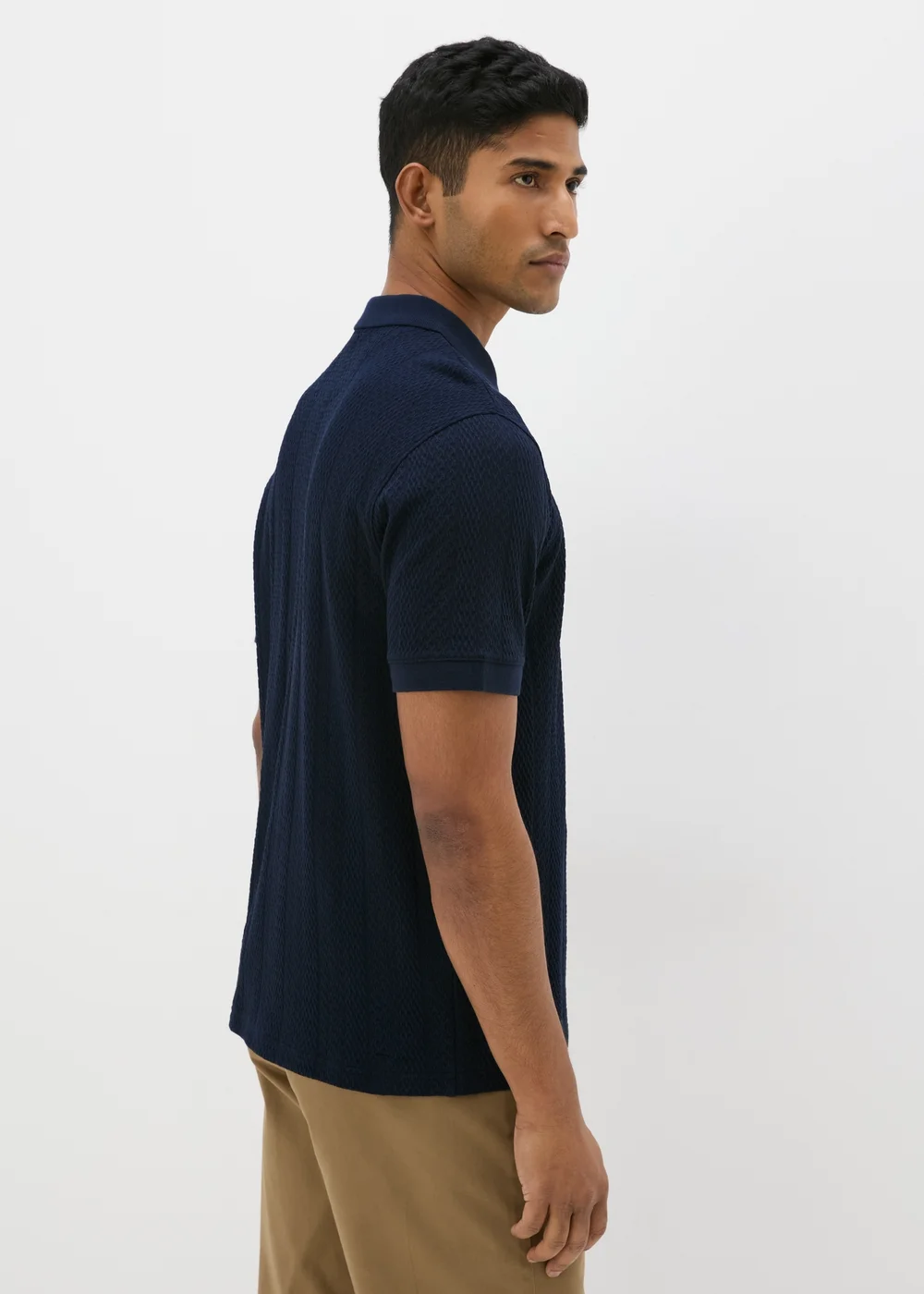 Navy Jacquard 1/4 Zip Knit Polo Shirt - S Image 2