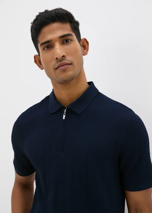Navy Jacquard 1/4 Zip Knit Polo Shirt - S Image 1