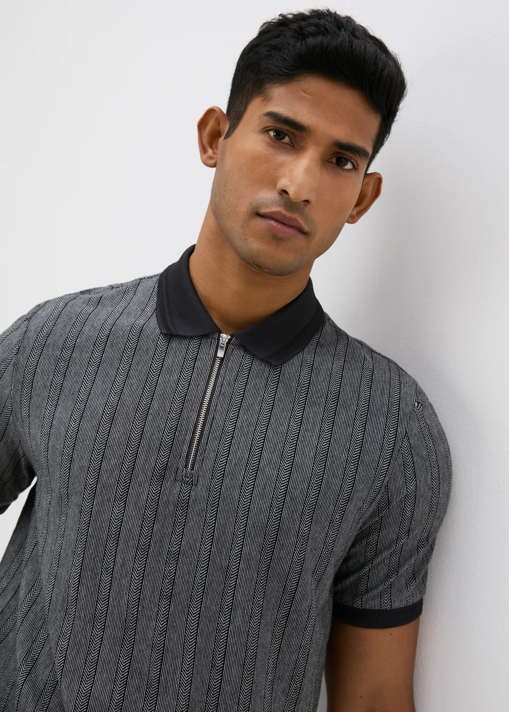 Charcoal Herringbone 1/4 Zip Polo Shirt - S Image 1