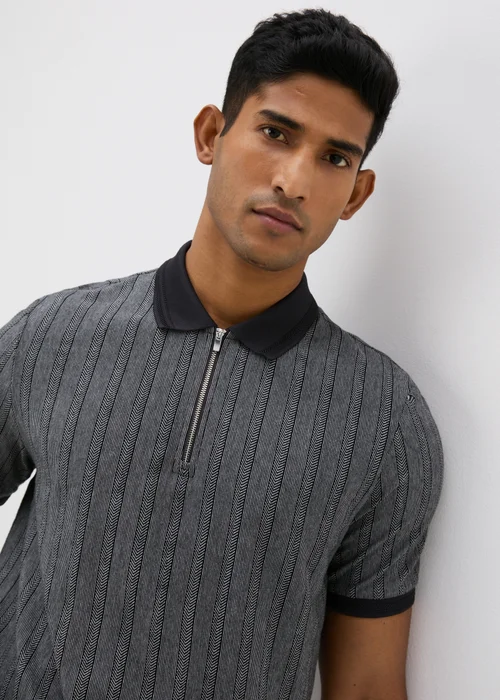 Charcoal Herringbone 1/4 Zip Polo Shirt - S Image 1