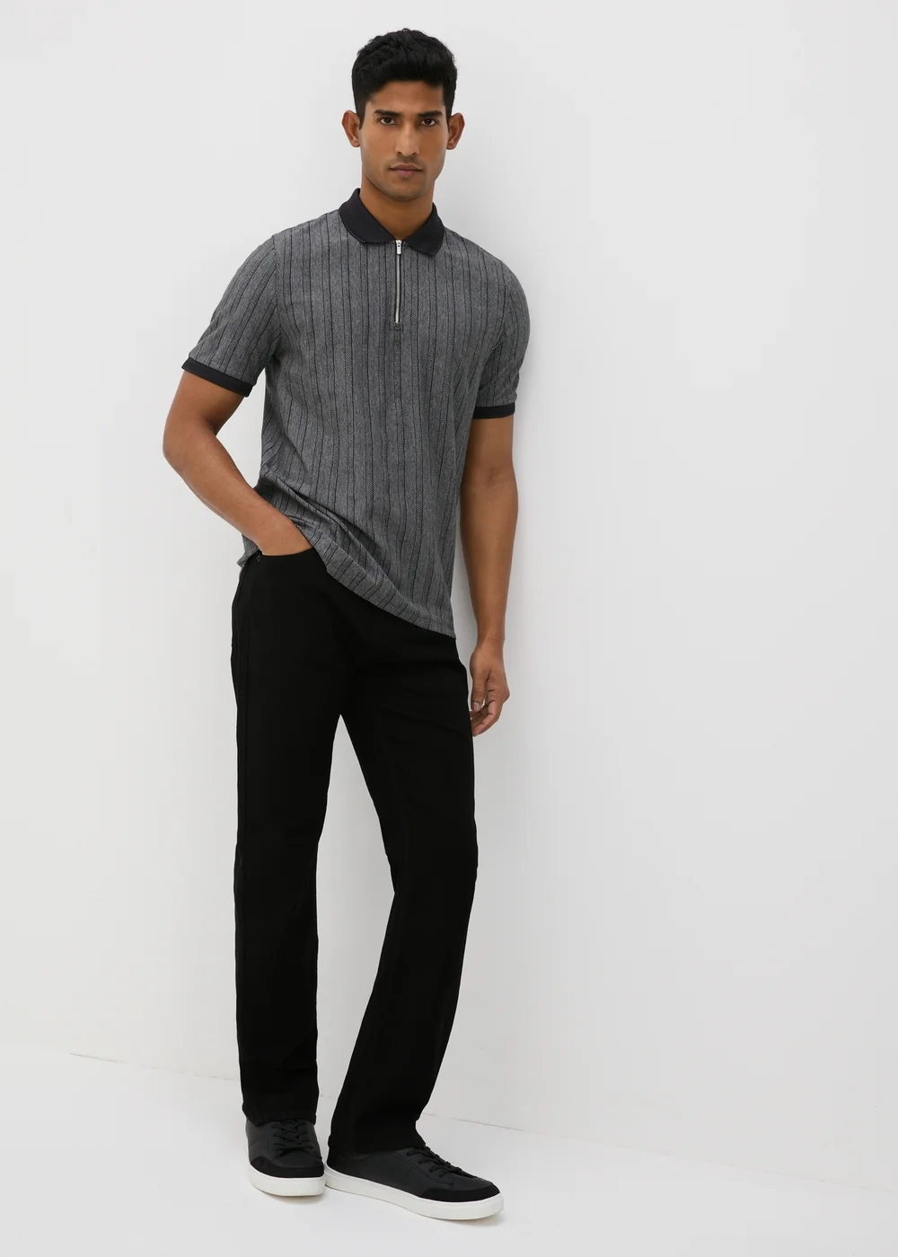 Charcoal Herringbone 1/4 Zip Polo Shirt - S Image 3