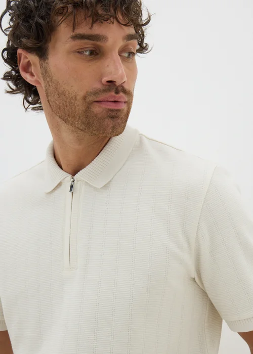 Ecru Ladder Ribbed 1/4 Zip Polo Shirt - S Image 3
