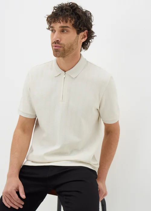 Ecru Ladder Ribbed 1/4 Zip Polo Shirt - S Image 1