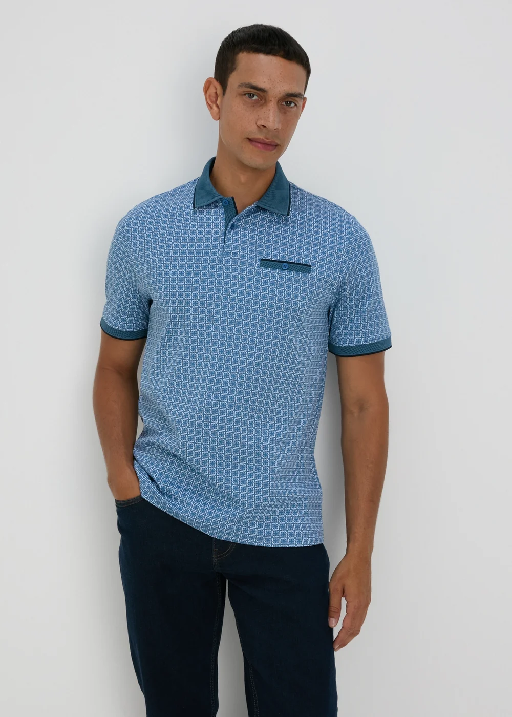 Teal Patterned Polo Shirt - S Image 3