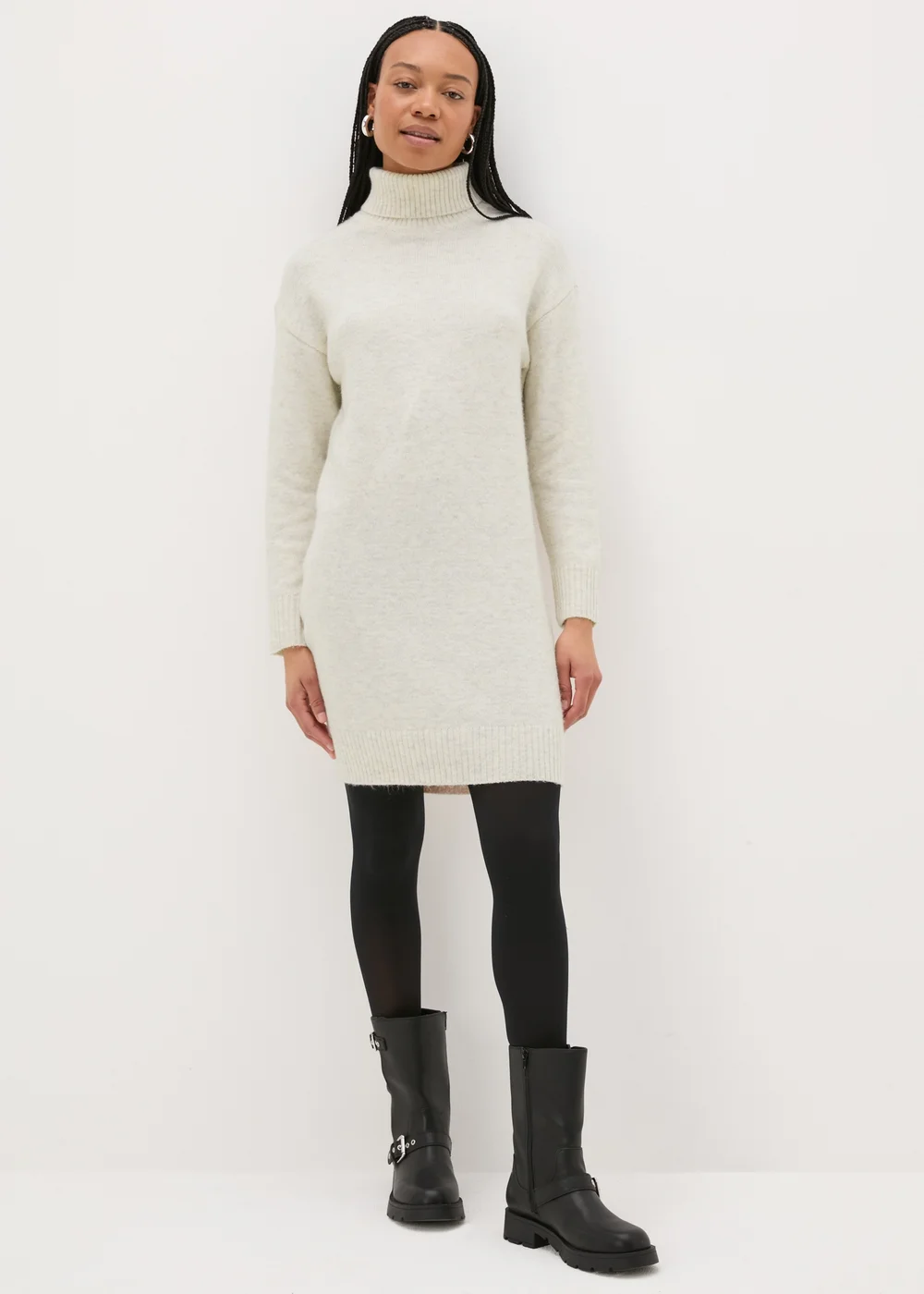 Beige Roll Neck Knitted Mini Dress - XS Image 1
