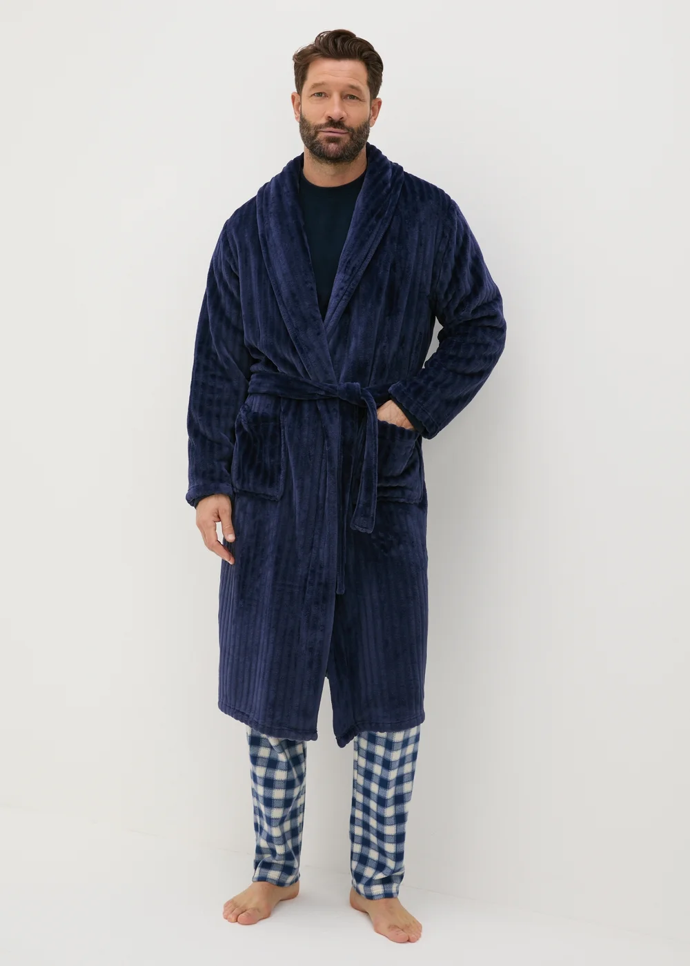 Navy Velour Dressing Gown - Small Image 1