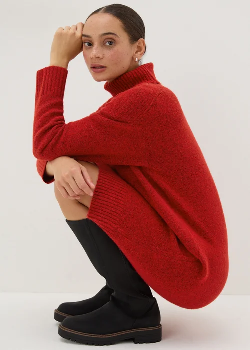 Red Roll Neck Knitted Midi Dress - XS Image 1