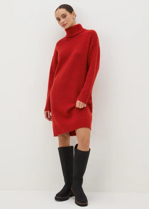Red Roll Neck Knitted Midi Dress - XS Image 2