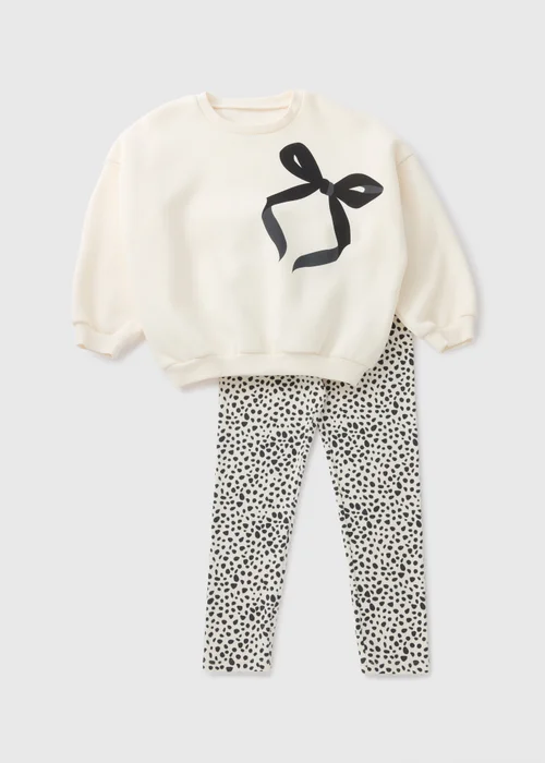 Girls Cream Bow Sweatshirt & Legging Set (1-7yrs) - 1 half year to 2 Image 1