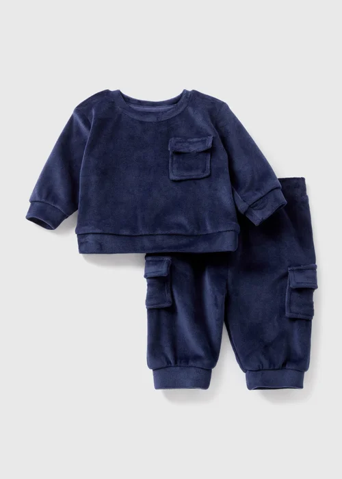 Baby Navy Velour Sweatshirt & Jogging Bottoms Set (Newborn-23mths) - Age 0 - 3 Months Image 1