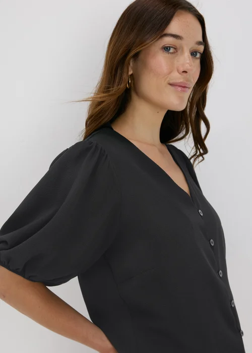 Black V-Neck Button Front Blouse - 8 Image 3