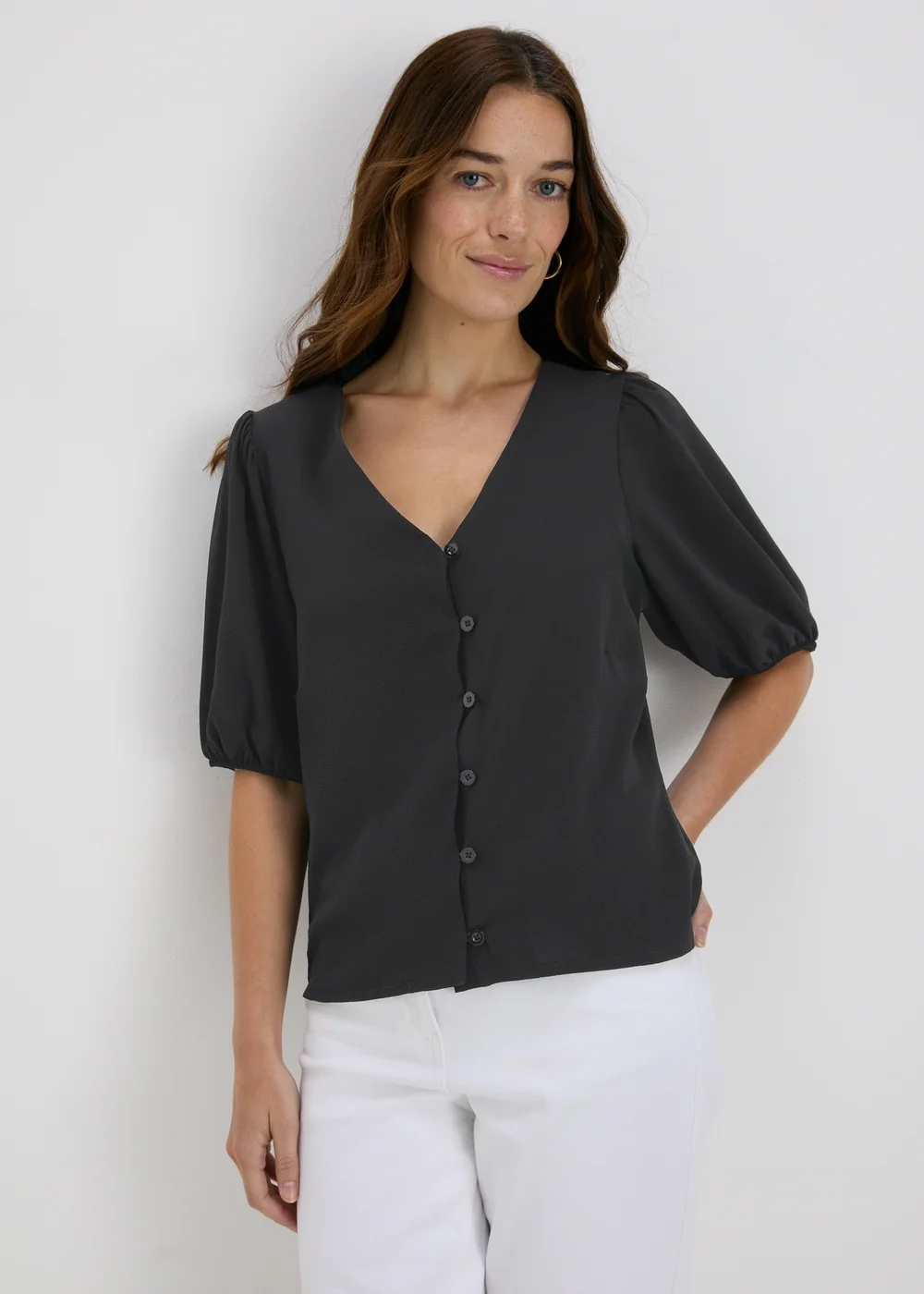 Black V-Neck Button Front Blouse - 8 Image 1
