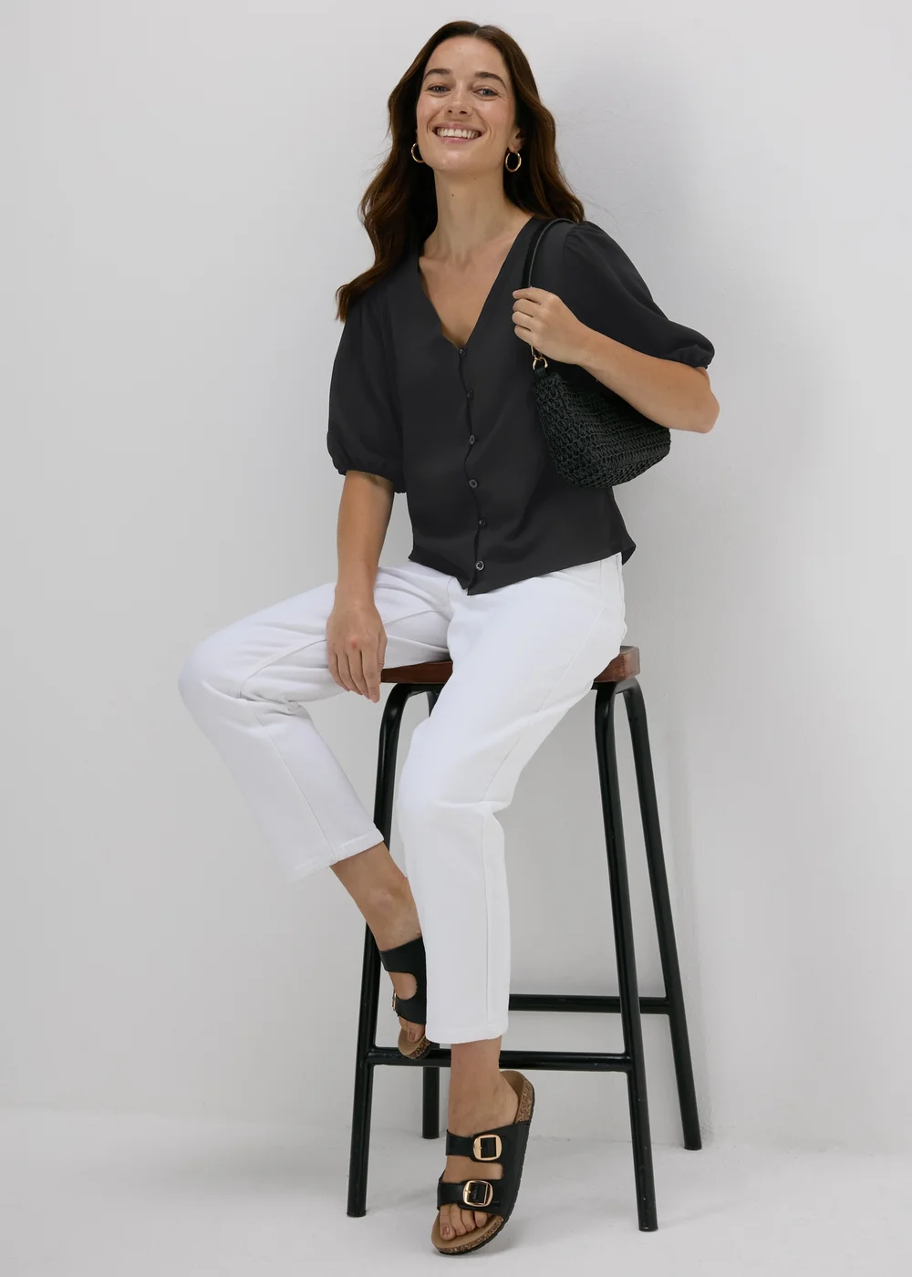 Black V-Neck Button Front Blouse - 8 Image 4