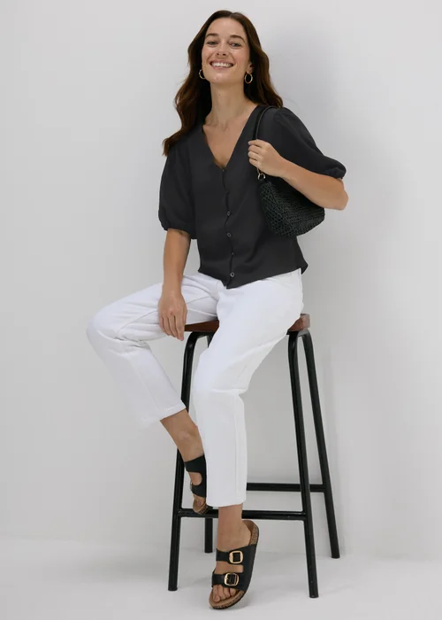 Black V-Neck Button Front Blouse - 8 Image 4
