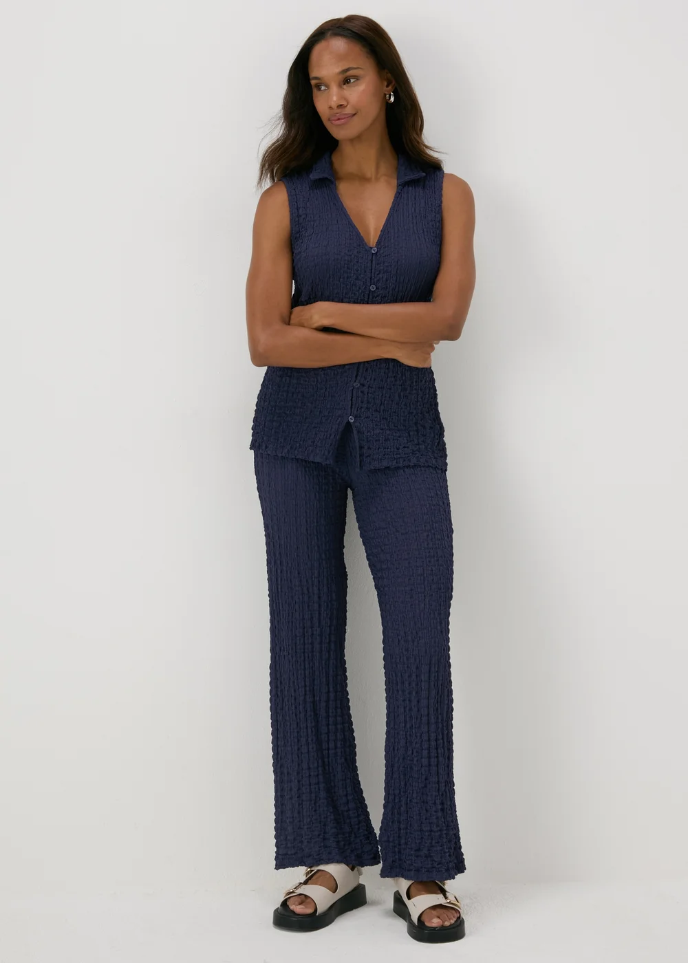 Navy Textured Co Ord Trousers - 8 Image 1