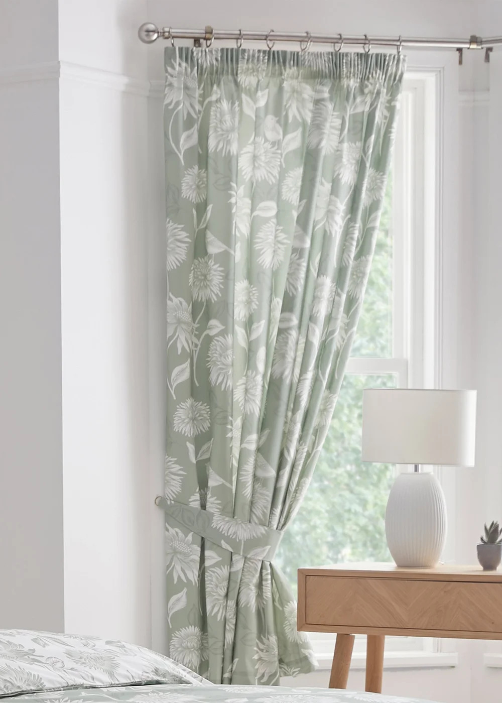 Dreams & Drapes Design Chrysanthemum Green Pencil Pleat Curtains With Tie-Backs - 66W X 72D (168x183cm) Image 1