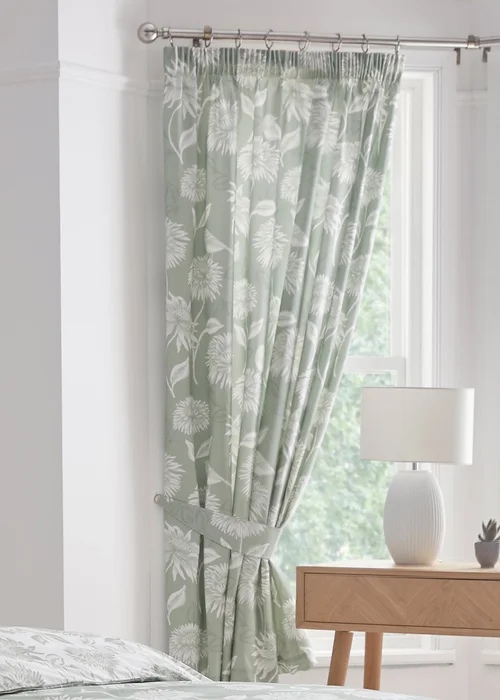 Dreams & Drapes Design Chrysanthemum Green Pencil Pleat Curtains With Tie-Backs - 66W X 72D (168x183cm) Image 1
