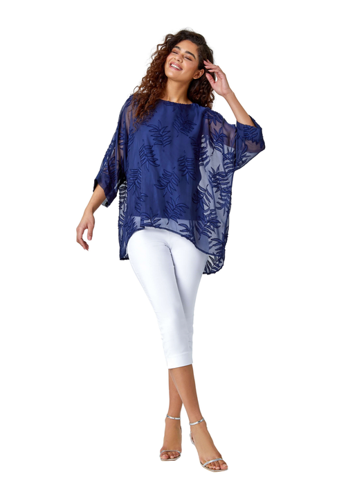 Roman Navy Leaf Burnout Print Chiffon Overlay Top - Size 10 Image 3