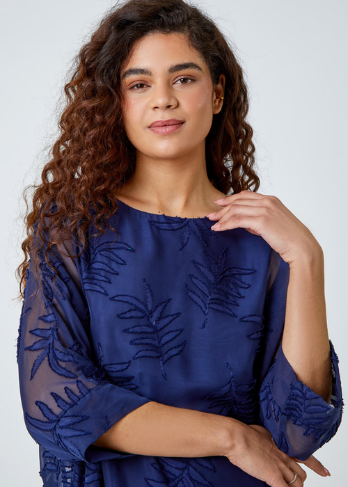 Roman Navy Leaf Burnout Print Chiffon Overlay Top - Size 10 Image 4