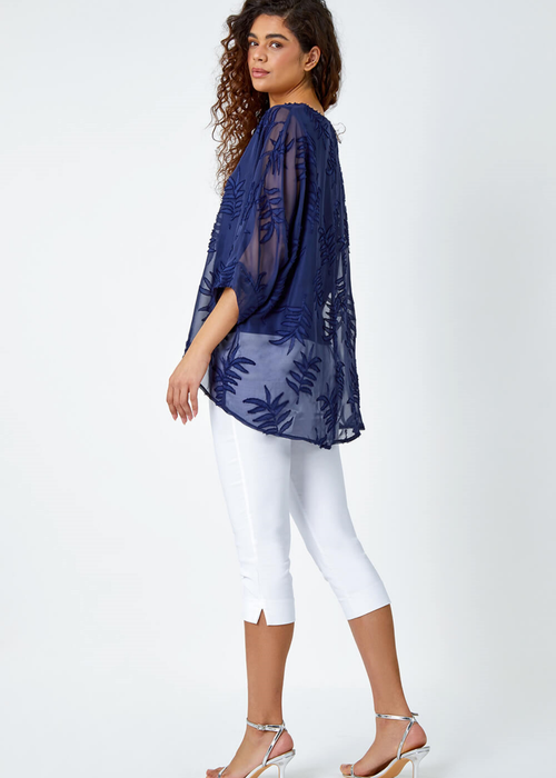 Roman Navy Leaf Burnout Print Chiffon Overlay Top - Size 10 Image 2