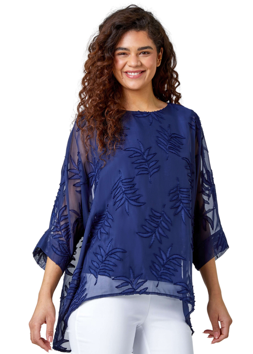 Roman Navy Leaf Burnout Print Chiffon Overlay Top - Size 10 Image 1