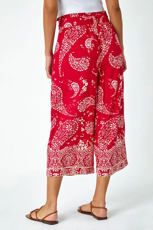 Roman Red Paisley Print Wide Leg Cropped Trousers - 10 Image 3