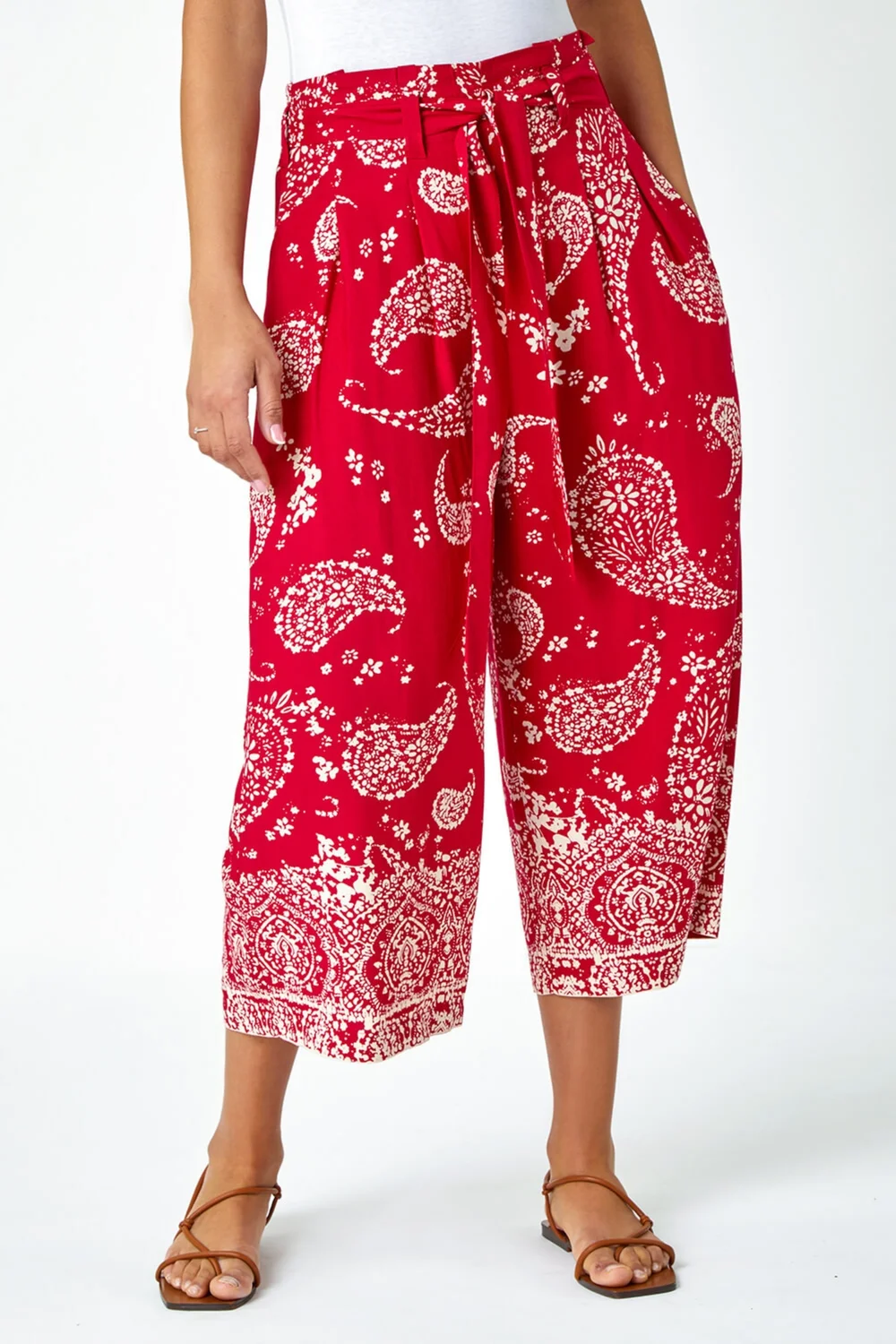 Roman Red Paisley Print Wide Leg Cropped Trousers - 10 Image 4