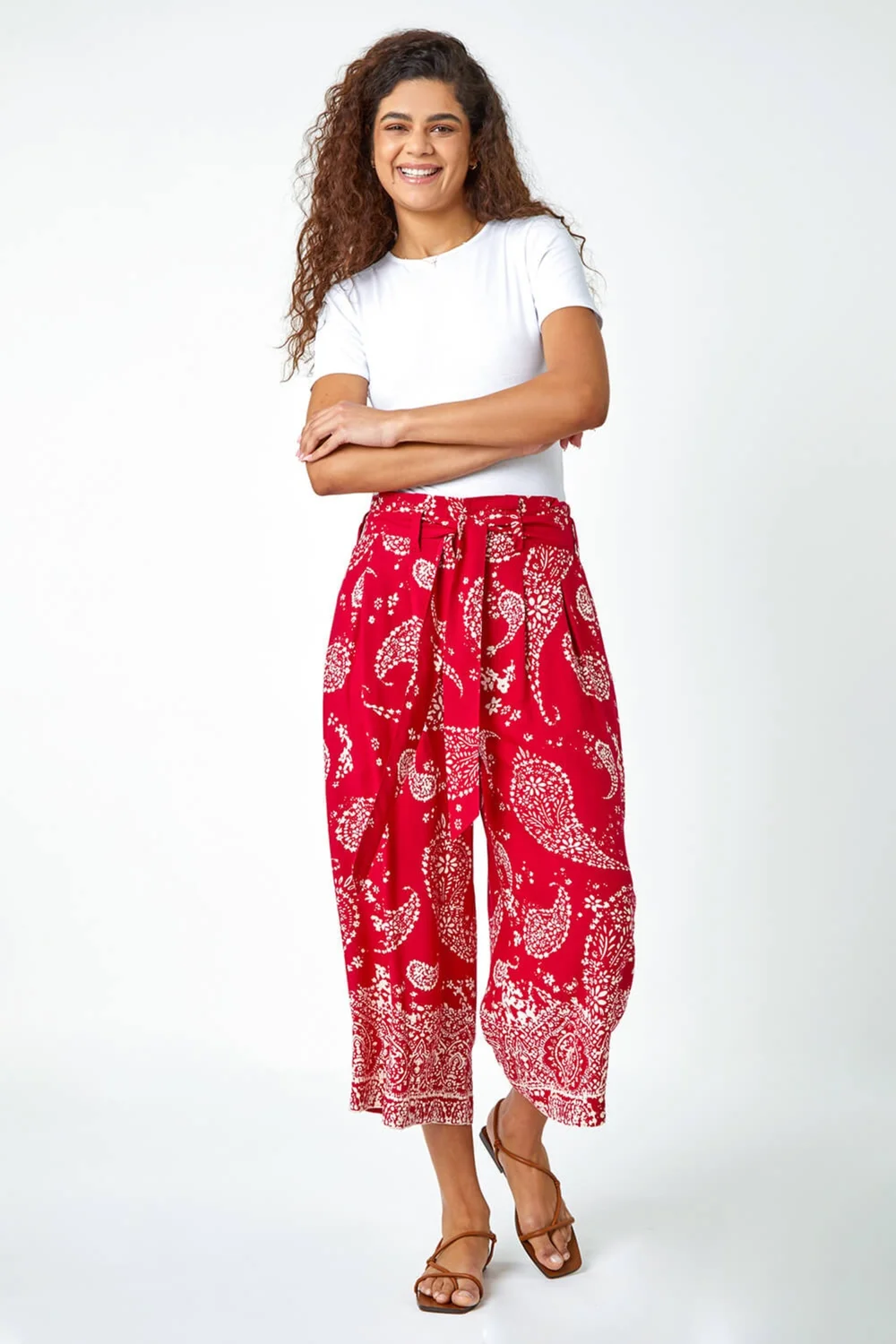 Roman Red Paisley Print Wide Leg Cropped Trousers - 10 Image 2