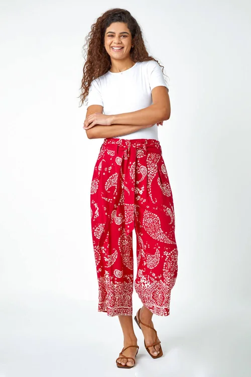Roman Red Paisley Print Wide Leg Cropped Trousers - 10 Image 2