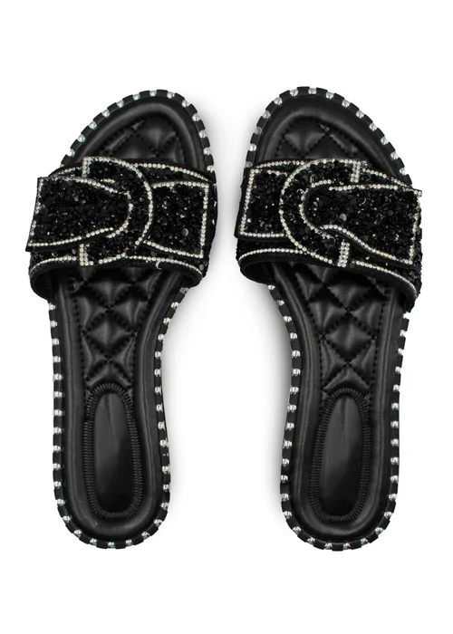 Where's That From Black Lorna Wide Fit Diamante Bow Sliders - Size 6 Image 1