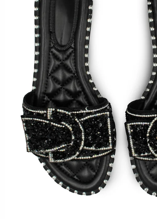 Where's That From Black Lorna Wide Fit Diamante Bow Sliders - Size 6 Image 2