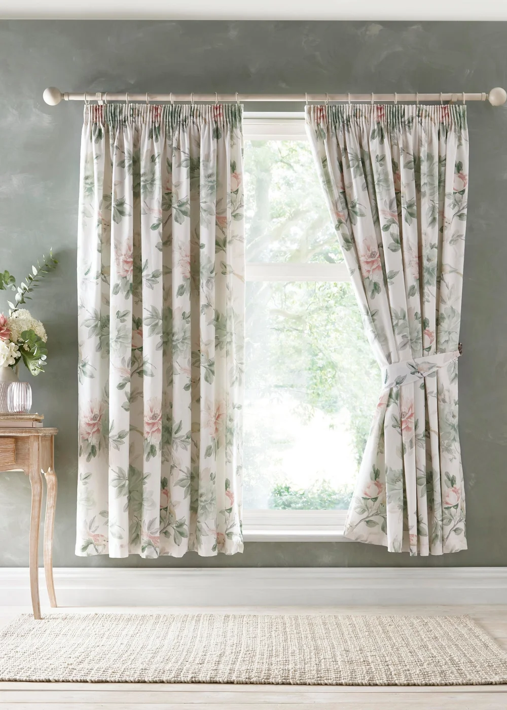Appletree Heritage Campion Sateen Green Pencil Pleat Curtains With Tie-Backs - 66W X 72D (168x183cm) Image 1