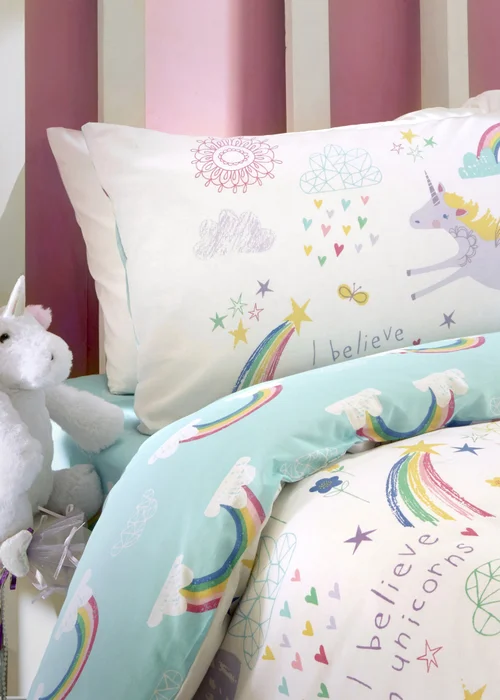 Bedlam Rainbow Unicorn Reversible White Duvet Cover Set - Single Image 3