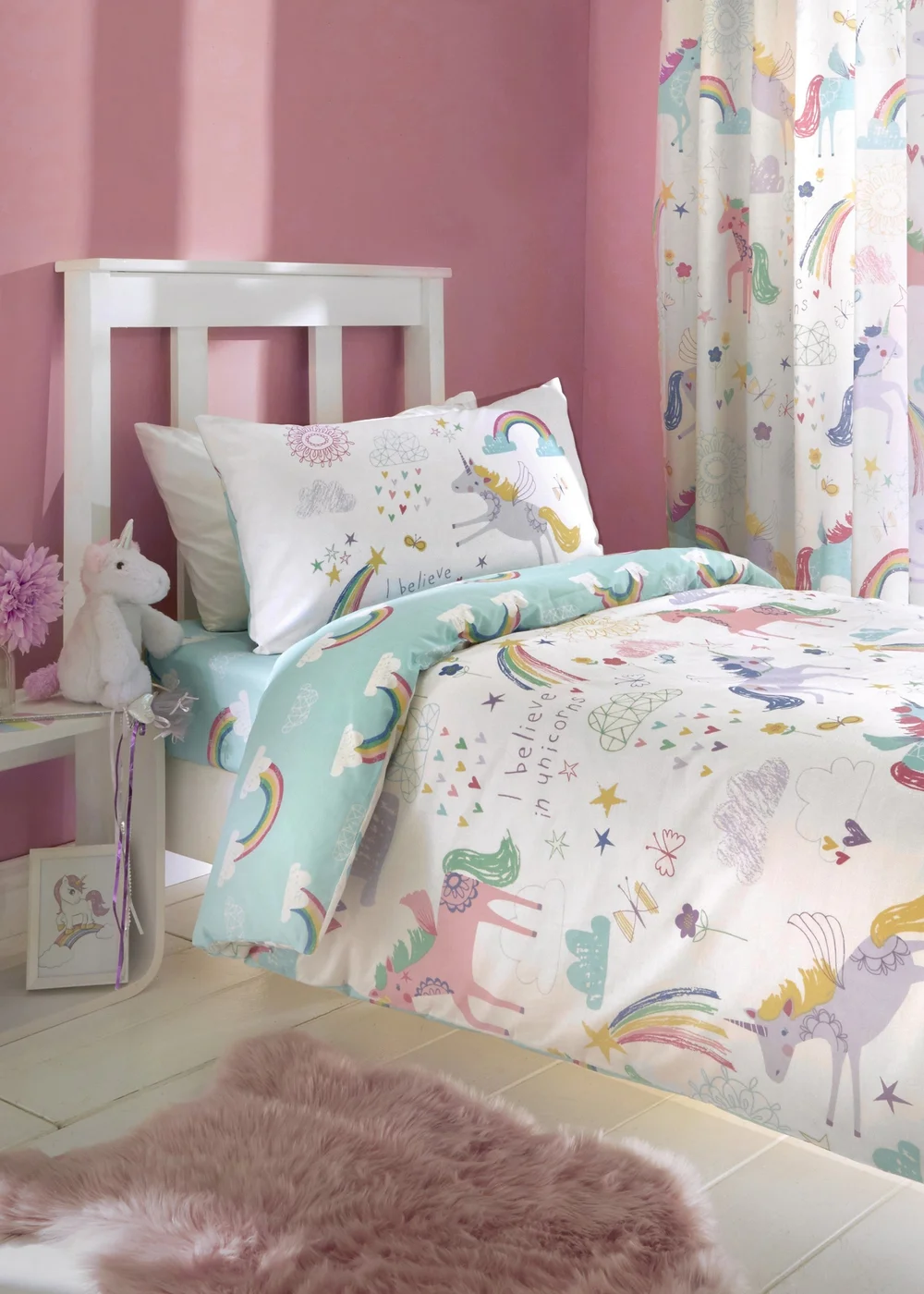 Bedlam Rainbow Unicorn Reversible White Duvet Cover Set - Single Image 1