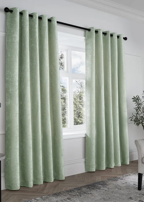 Curtina Textured Chenille Green Eyelet Curtains - 66W X 54D (168x137cm) Image 1