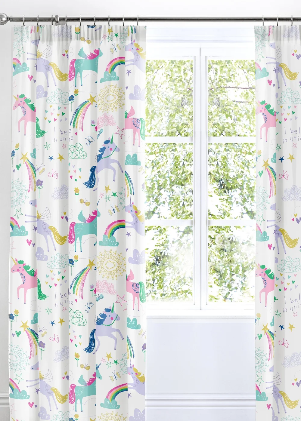 Bedlam Rainbow Unicorn White Pencil Pleat Curtains - 66W X 72D (168x183cm) Image 1